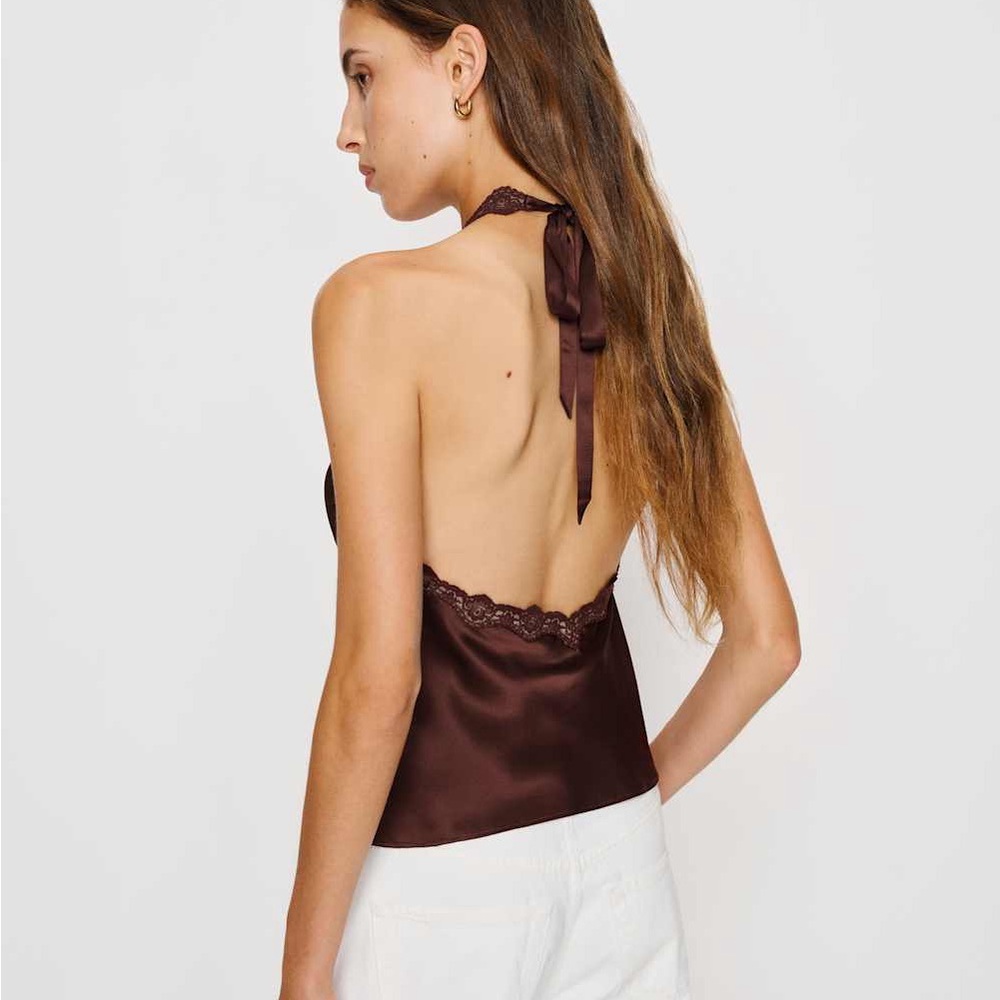 Reformation Chocolate Brown Lace Trim Silk Camisole - Picture 3 of 5